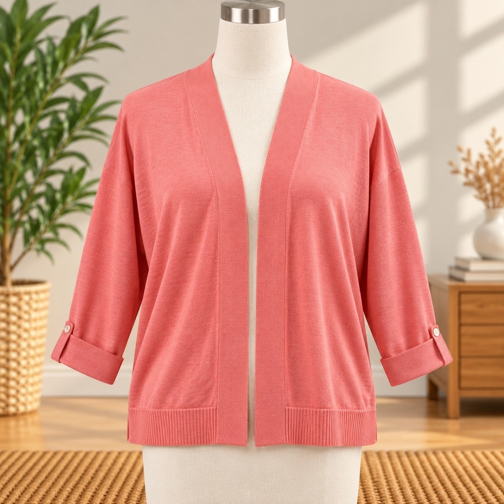 Faded Glory Cardigan Sweater Womens L 12-14 Coral Pink Open Front 3/4 Sleeve